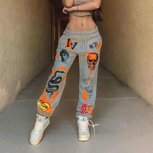 Womens Sweatpants High Waist Casual Sport Joggers Trousers Harajuku Cartoon Skull Printed Y2k Streetwear Trend Women Pants 2024