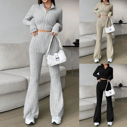 Autumn And Winter Fashion Solid Color Knitted Long Sleeved Turtleneck Wide Leg High Waisted Grandmother of The Bride Dress Gs