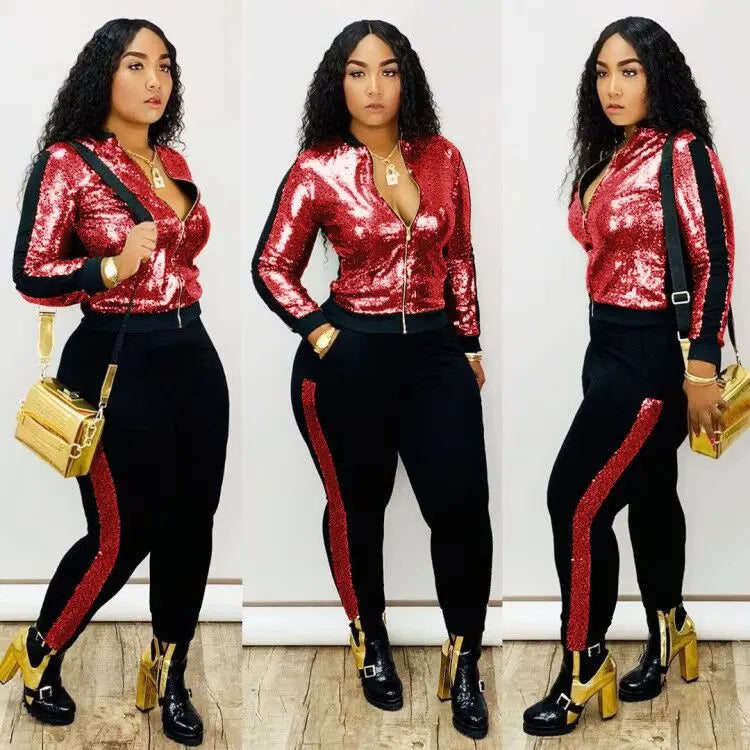 S-3XL Winter Women Set Full Sleeve Tracksuit Sequined Jackets Tops Pants Suit Two Piece Set Night Club Party Fall Outfit G5148