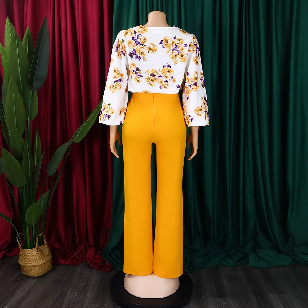 2 Pieces Sets Womens Outfits Two Pieces Pants Blouse Shirts Printed Long Trousers High Waisted Elegant Birthday Party Pants Sets wowo