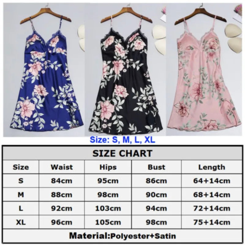 Floral Satin Silk Night Dress Women Sexy Bras V-Neck Gecelik Linger Lace Sleepwear Dress Print Nightgowns Women Sexy Nightdress freo