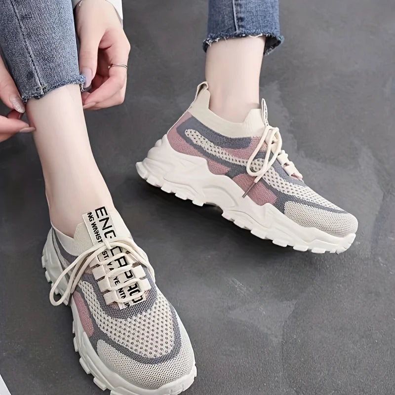 Women's Breathable Flying Woven Sneakers, Casual Lace Up Platform Shoes, Lightweight Mesh Low Top Running Shoes fem