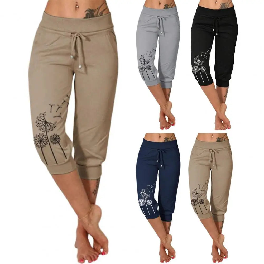 Women Cropped Pants  High Waist Elastic Waistband Drawstring Pockets Dandelion Print Women Casual Sport Pants Streetwear kd