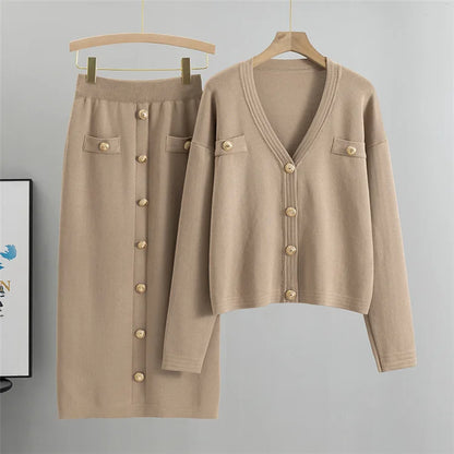 Office Slim Sweater Cardigan Skirts Sets Women Single Breasted Short Knit Tops Coats Suits High Waist Bodycon faldas Conjunto