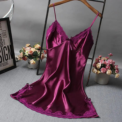 Women Nightdress Solid Color Satin V Neck Spaghetti Strap Backless Sleeveless Lace Patchwork Women Night Robe Women Garment freo