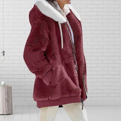 2023 New Women's Winter Coat Solid Color Warm Plush Large Size Ladies Coat Fall Winter Loose Plush Zipper Hooded Women's Coat