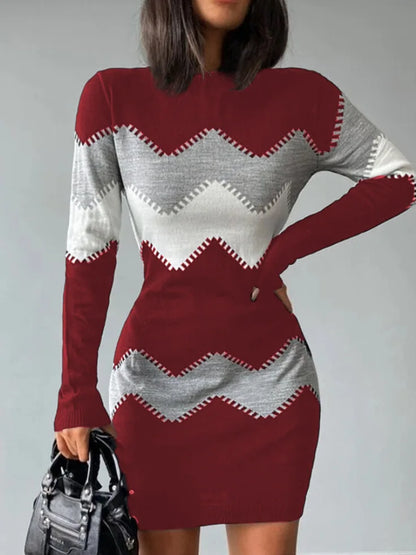 2024 Autumn Winter Women Fashion Print Slim Dress Female Long-sleeve O-neck Elegant Bodycon Package Hips Mini Dresses 4 kanpe