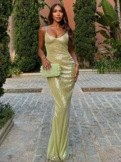 Luxury Sequins Backless High Slit Evening Long Dress 2024 Elegant WomenSleeveless High Waist Tunic Bodycon Holiday Party Dresses