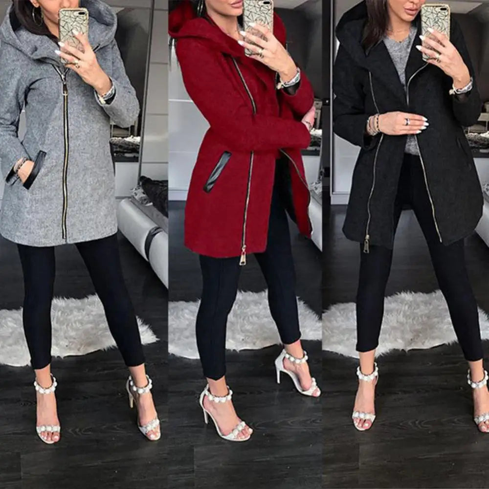 Autumn Winter Plus Size Fashion Women Coat Solid Color Zip up Long Sleeve Hooded Jacket Coat Outerwear Long Section Women's Coat