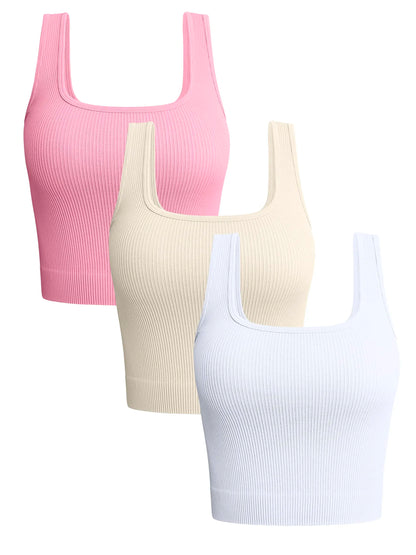 Women's 3 Piece Tank Tops Ribbed Seamless Workout Exercise Shirts Yoga Crop Tops asu