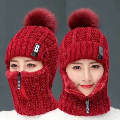 Women Wool Knitted Hat Ski Hat Sets Windproof Winter Outdoor Knit Thick Siamese Scarf Collar Warm Keep Face Warmer Pompoms Cap mask