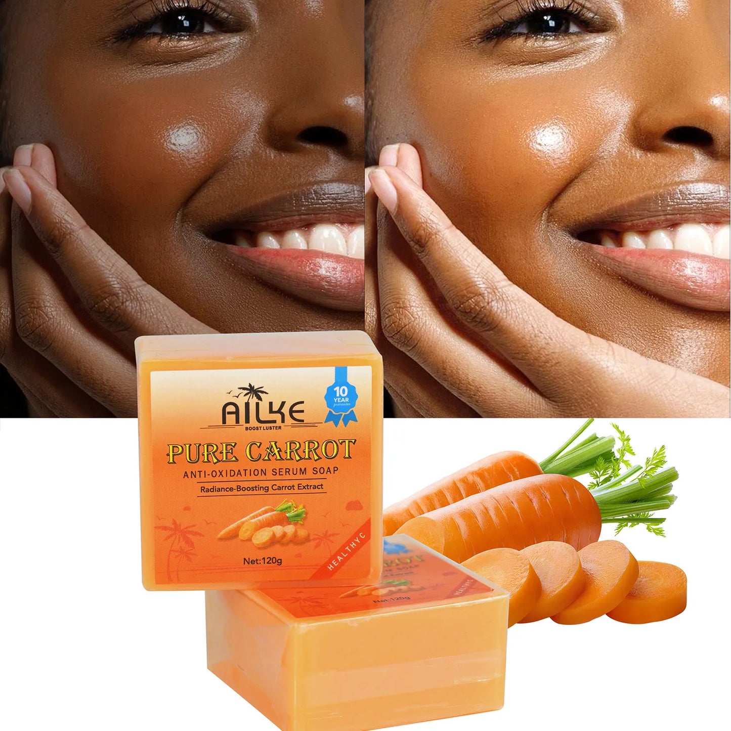 AILKE Organic Brightening Soap, with Carrot, Vitamin C&E, Cleaning, Moisturizing, Smooth and Soft Skin, for Face and Body Use