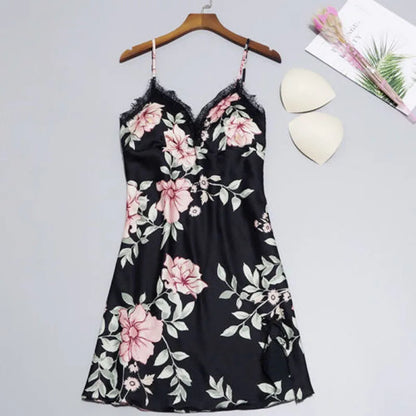 Floral Satin Silk Night Dress Women Sexy Bras V-Neck Gecelik Linger Lace Sleepwear Dress Print Nightgowns Women Sexy Nightdress freo