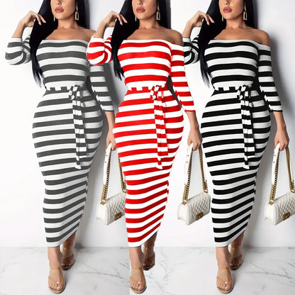 New 2024 Casual Women Dress Summer Striped Bodycon Midi Dresses Slash Neck Lace Up Three Quarter Pencil Dresses J17