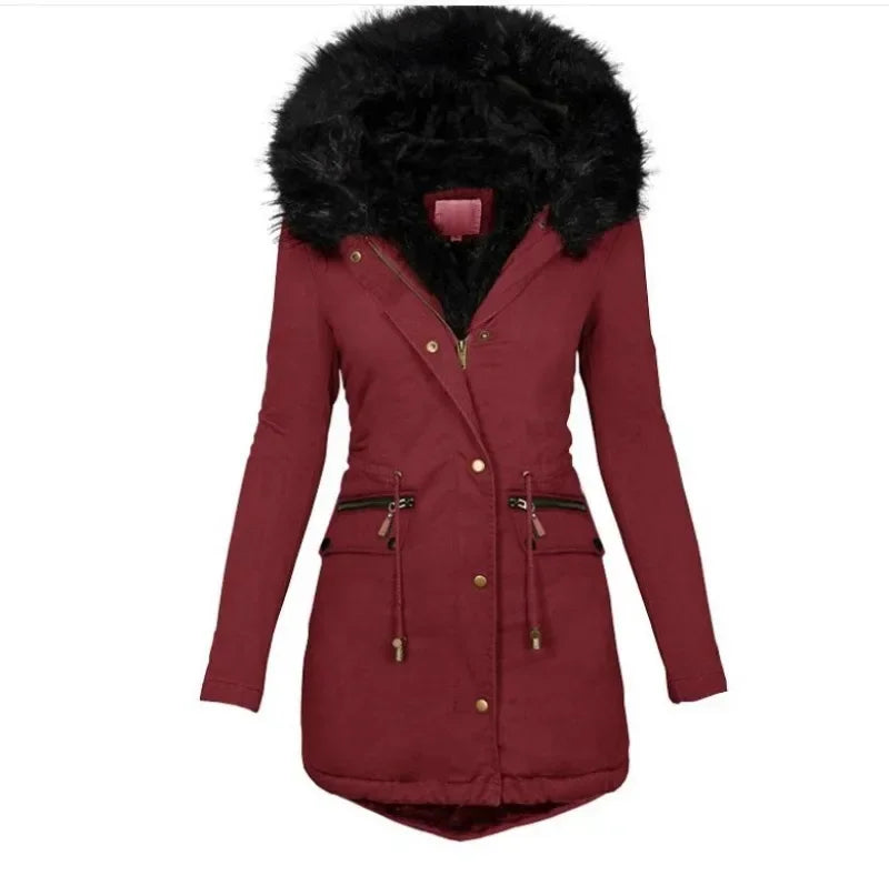 Womens Parkas  Autumn and Winter Solid Color Fur Collar Hooded Mid Length Warm Cotton Jacket for Women K2E