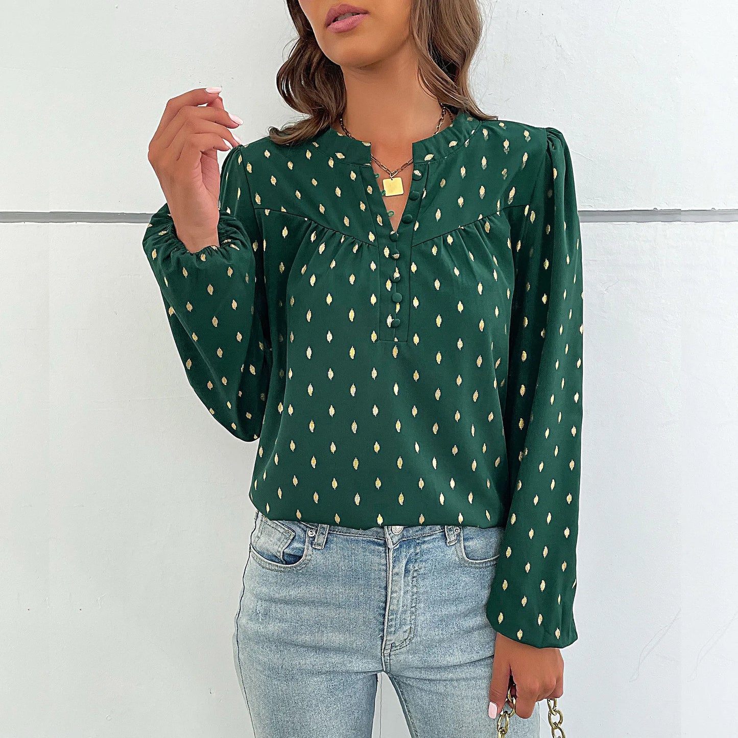 2024 Spring and Autumn new commuter women's long sleeve wave dot gilding design shirt