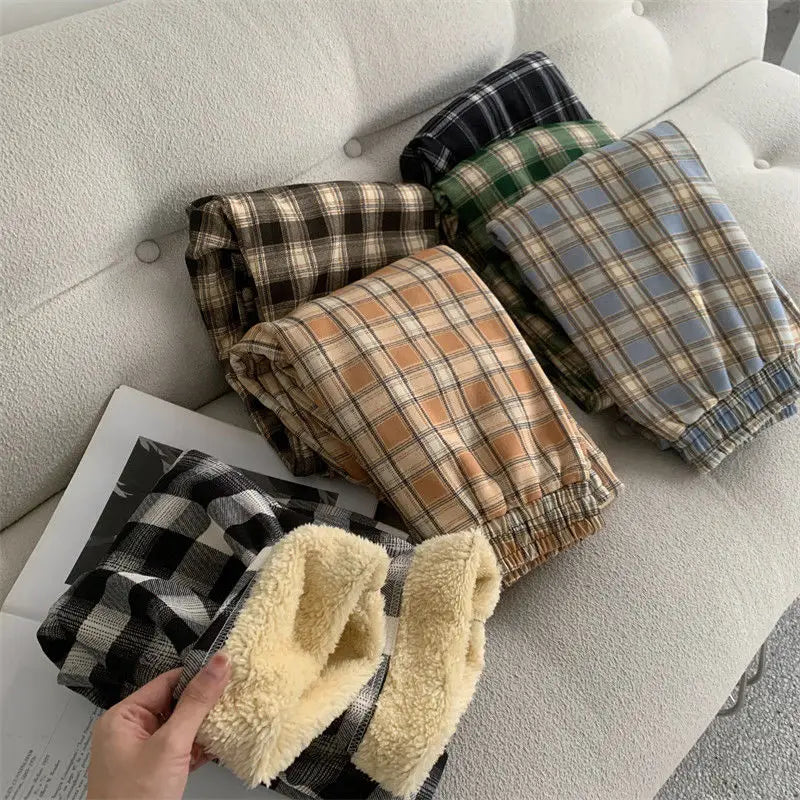 Velvet Warm Plush Pants 2024 New Thick Plaid Women Winter Casual Loose Wide Leg Trousers Korean Streetwear Straight Student Pant