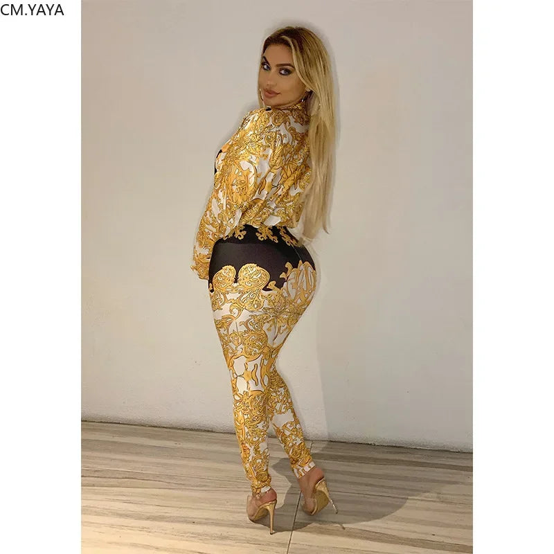 2019 Women Autumn Street Full Sleeve Print Bodysuit & Pants Suit Two Piece Set Casual Sexy Fashion Tracksuit Outfit