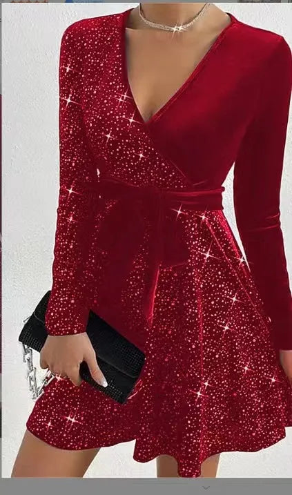 Sexy Dress for Women 2023 Autumn/Winter Solid Mid Waist V-Neck Belt Decoration Sequin Hot Diamond Velvet Long Sleeve Dresses