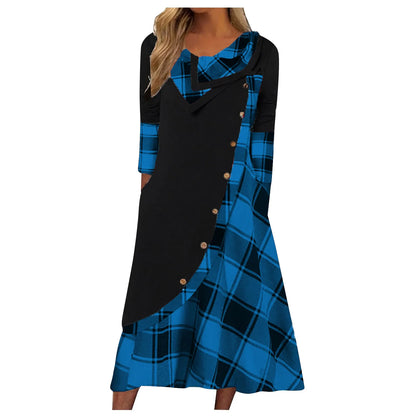 2024 Europe and the United States autumn new women's plaid patchwork button pocket pile pile collar long-sleeved dress women