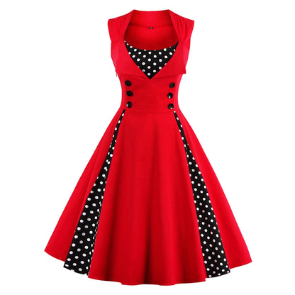 Sleeveless Red Polka Dot Print Vintage Party Dress Women's Elegant Retro 50s 60s Dress Female High Waist Patchwork Swing Dresses