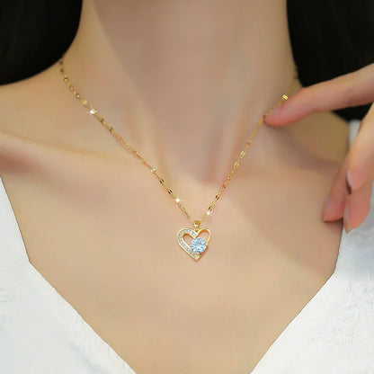 Stainless Steel Asymmetrical Heart Zircon Pendant Necklace For Women New Luxury Girls Clavicle Chain Jewelry Gifts jari