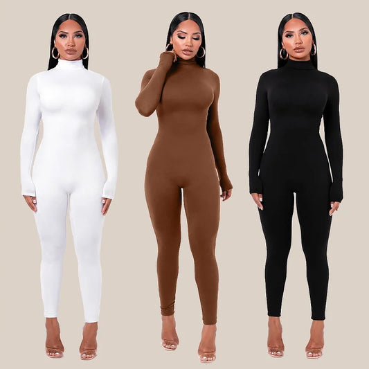 Winter Warm Women's Jumpsuit Autumn New Fashion High Collar Long Sleeve High Waist Pants Women Office Elegant Slim Jumpsuit K2E