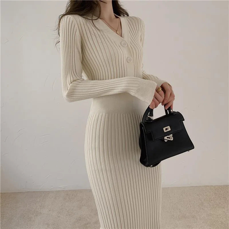 Winter Slim Women Long Dress V Neck Sexy High Waist Knitted Long Sleeve Solid Color Outwear Sexy Women Dress Fashion 3k