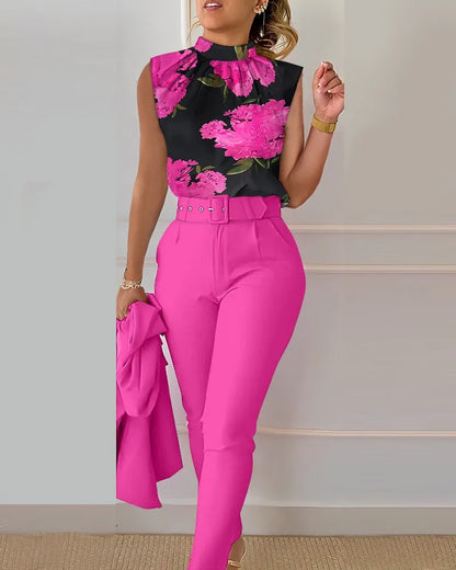 Office Elegant Sleeveless Print Shirt And Pant Set Casual Fashion O-neck Slim Pants Two Piece Set Summer Outfits For Women wowo