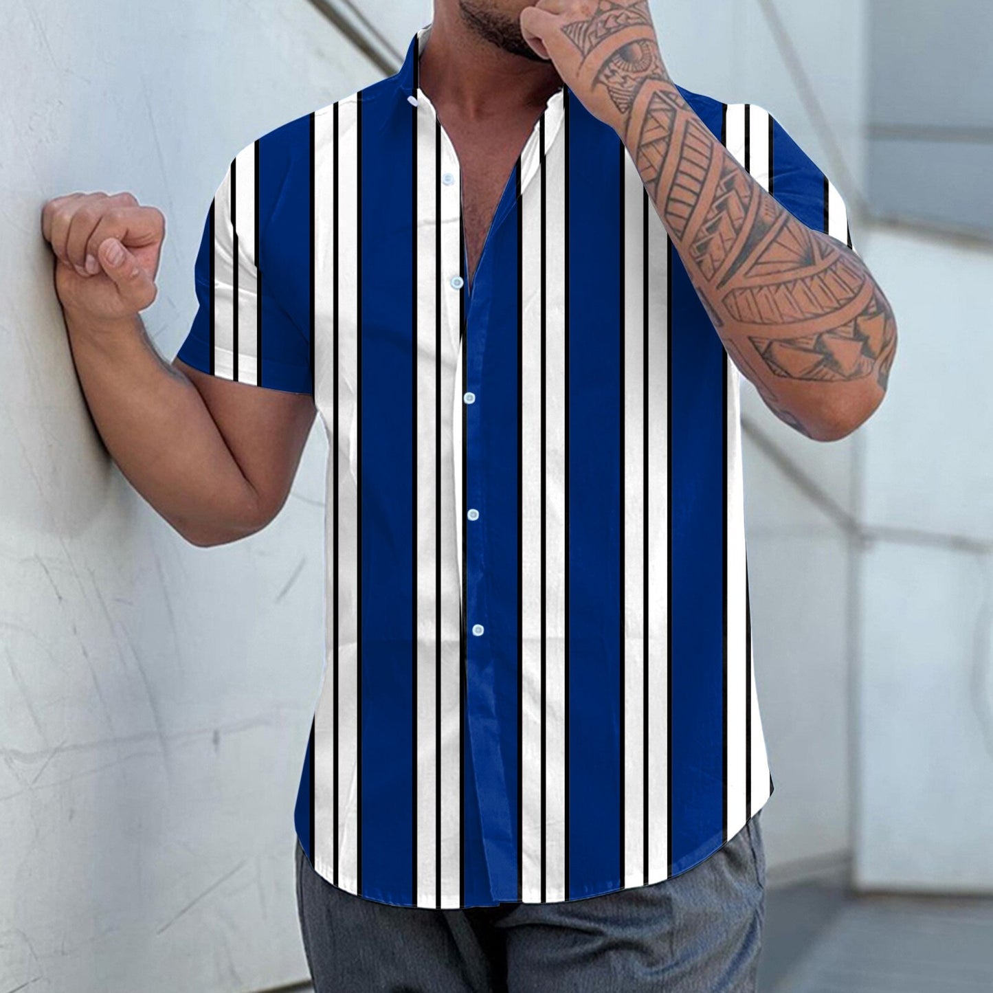 Summer New Men's Clothing Casual Men Stripes Printed Short Sleeve Turndown Collar Slim Hawaiian Shirt Cardigan Retro Trend Shirt