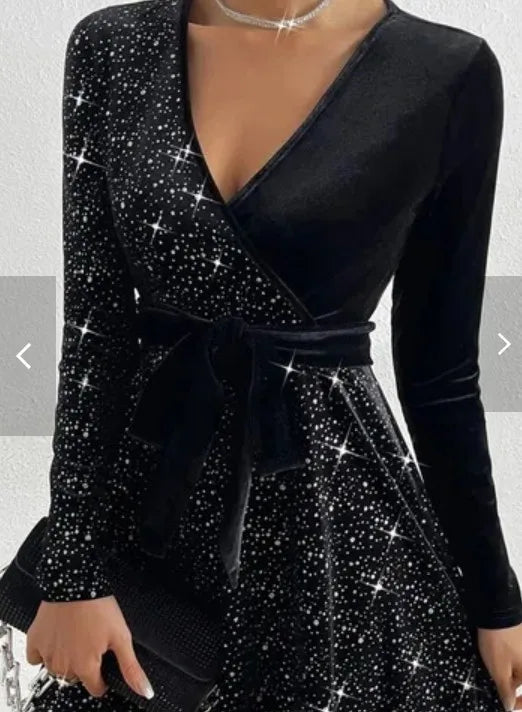 Sexy Dress for Women 2023 Autumn/Winter Solid Mid Waist V-Neck Belt Decoration Sequin Hot Diamond Velvet Long Sleeve Dresses