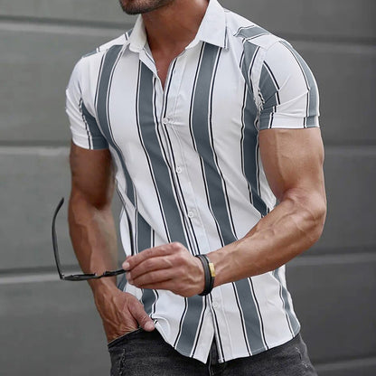 Summer New Men's Clothing Casual Men Stripes Printed Short Sleeve Turndown Collar Slim Hawaiian Shirt Cardigan Retro Trend Shirt