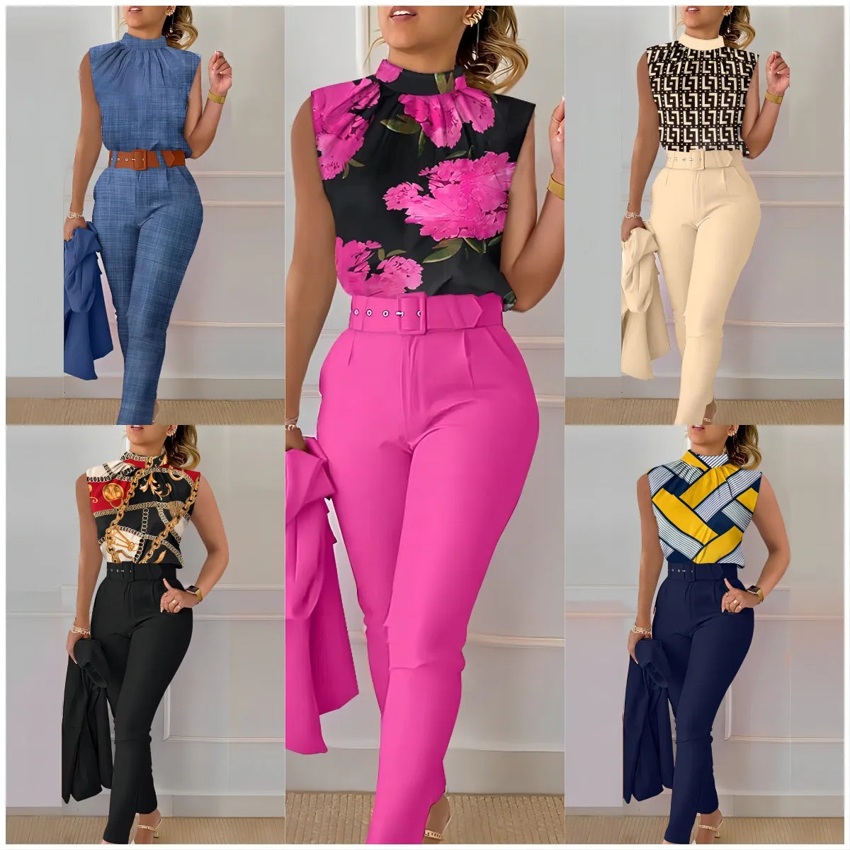 Office Elegant Sleeveless Print Shirt And Pant Set Casual Fashion O-neck Slim Pants Two Piece Set Summer Outfits For Women wowo