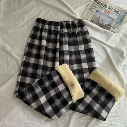 Velvet Warm Plush Pants 2024 New Thick Plaid Women Winter Casual Loose Wide Leg Trousers Korean Streetwear Straight Student Pant