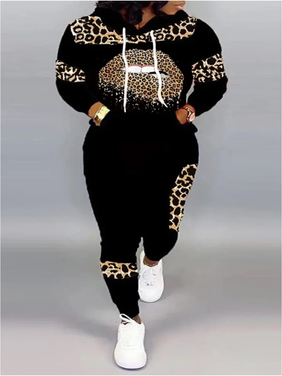 LW Plus Size Autumn  Women Long Sleeves Two Pieces Hooded Collar Leopard Print Tracksuit Set Sweatshirts Pullover Hoodies Pant