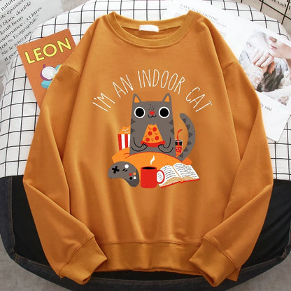 Comfortable All-Math Pullover Crewneck Loose Female Tops Street Women Sweatshirts Cat Sitting And Eating Pizza Printing Hoodies