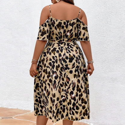 Plus Size Leopard Print V Neck Dress Casual Short Sleeve Slit Belted 2024 Dresses For Spring&Summer Women's Large Size Clothing