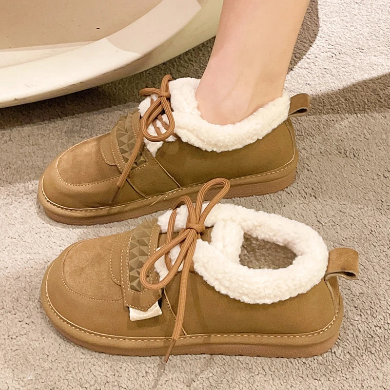 Women Winter Shoes Flats Platform Casual Soft Lace Up Shoes Comfortable Fur Short Plush Warm Fashion Outdoor Solid Boots 36-40