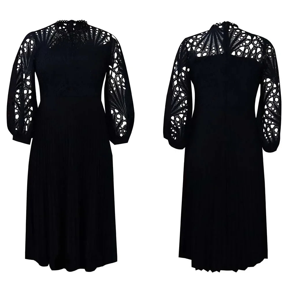 Elegant Lace Patchwork Pleated Hollow Out Sexy Women's Dress African Style Women's Clothing