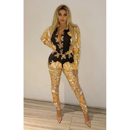 2019 Women Autumn Street Full Sleeve Print Bodysuit & Pants Suit Two Piece Set Casual Sexy Fashion Tracksuit Outfit