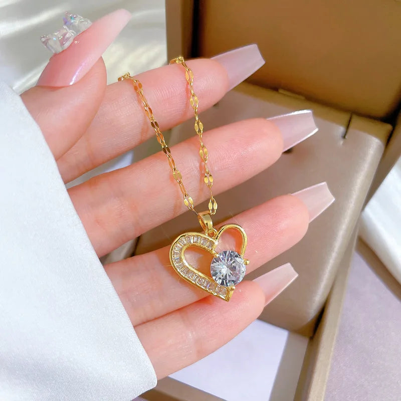 Stainless Steel Asymmetrical Heart Zircon Pendant Necklace For Women New Luxury Girls Clavicle Chain Jewelry Gifts jari