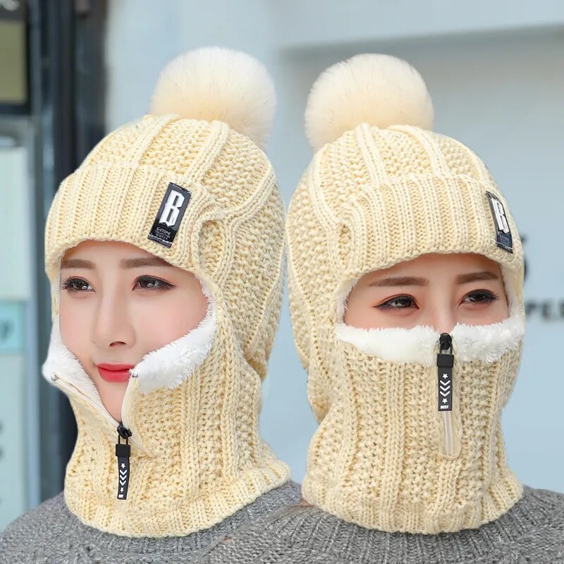 Women Wool Knitted Hat Ski Hat Sets Windproof Winter Outdoor Knit Thick Siamese Scarf Collar Warm Keep Face Warmer Pompoms Cap mask