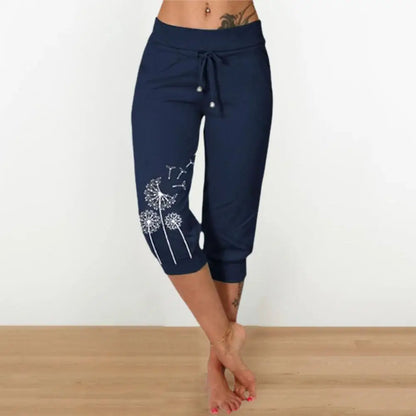 Women Cropped Pants  High Waist Elastic Waistband Drawstring Pockets Dandelion Print Women Casual Sport Pants Streetwear kd