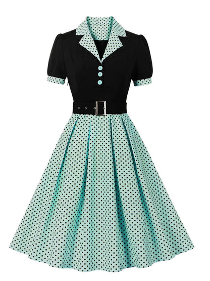 2024 New Fashion Polka Dot Vintage Pleated Dresses Retro Notched Collar Elegant Summer Women Short Sleeve Belted 1950s 60s Dress