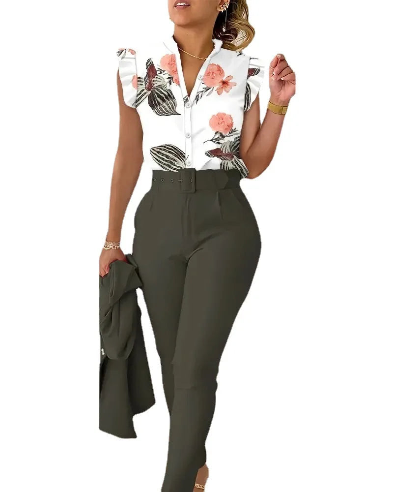 Summer Women's Flower Print Lotus Leaf Sleeve High Waist Pants Set Waist Belt Women's V-Neck Two Piece Set Work Suit Set wowo