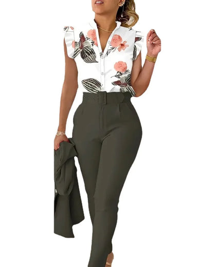 Summer Women's Flower Print Lotus Leaf Sleeve High Waist Pants Set Waist Belt Women's V-Neck Two Piece Set Work Suit Set wowo