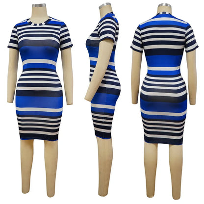 Summer New Women O-Neck Short Sleeve Leaf Striped Print Bodycon Knee Length Dress Sexy Partynight Club Dress