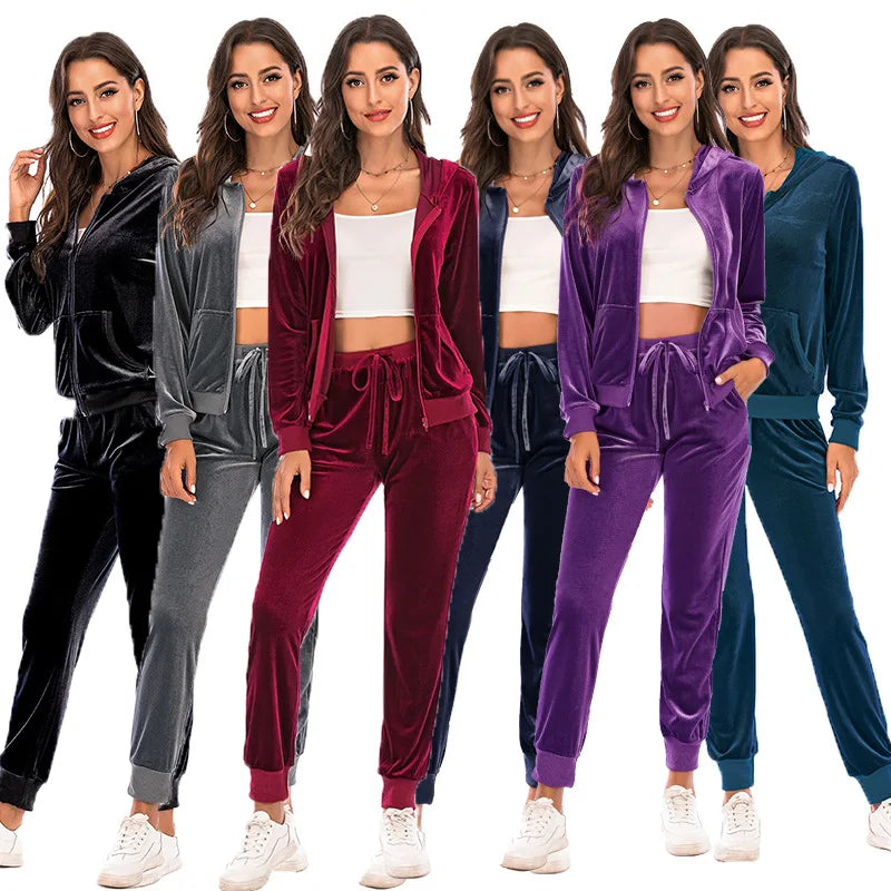 Autumn Winter Women Velour Tracksuit 2 Piece Jogging Pant Sets Hoodie Set Luxury Womens Tracksuit With Hoodie Sportswear Suit 7