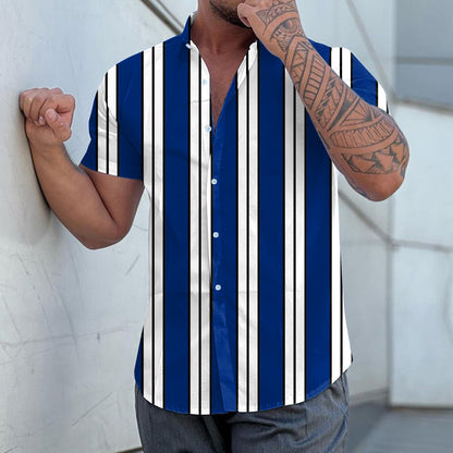 Summer New Men's Clothing Casual Men Stripes Printed Short Sleeve Turndown Collar Slim Hawaiian Shirt Cardigan Retro Trend Shirt