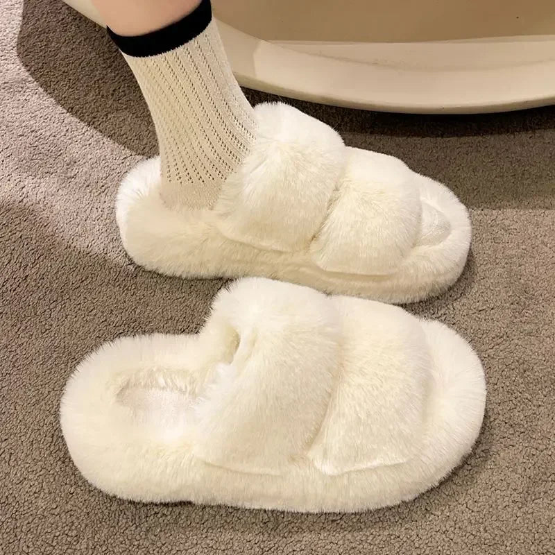 Winter Fluffy Slippers Women 2024 New House Home Fur Slippers For Women Flat Platform Cozy Fuzzy Indoor Shoes Korean Slides djam